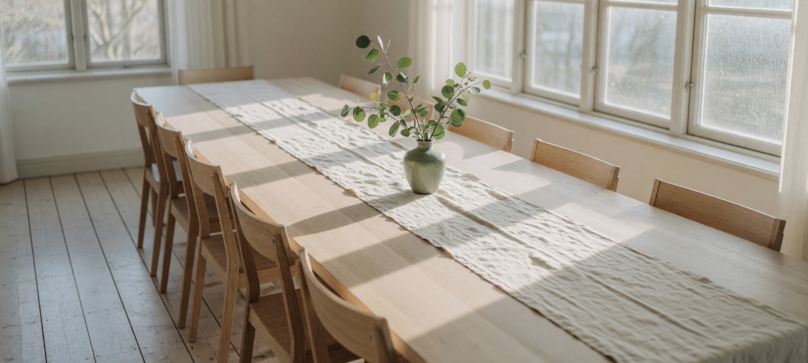 Ljus matplats med bord och stolar vid ett fönster